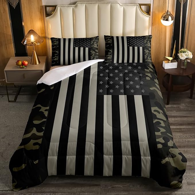 American Flag Comforter Set Full Military Camo Down Comforter,Retro Army Green Camouflage USA Flag Bedding Set For Kids Boys Teens Men Bedroom,Black Grey Stars Stripes Quilt Duvet Set 2 Pillow Cases