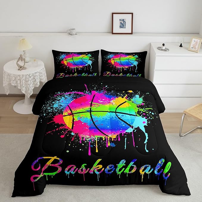 Feelyou Kids Basketball Comforter Set Twin Size Gaming Sports Bedding Set for Boys Girls Teens Bedroom Decor Ball Games Tie Dye Comforter Gift for Basketball Lover Duvet Set with 1 Pillow Case