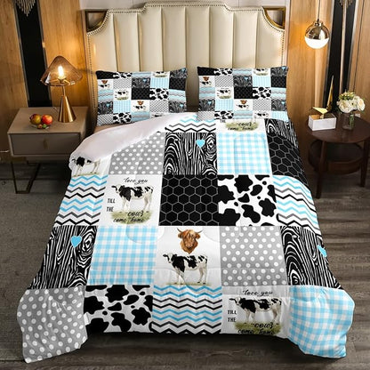 Cute Cow Print Comforter Set Queen Size Kawaii Highland Cow Bedding Set Bedroom Decor Honeycomb Plaid Pattern Geometric Stripes Down Comforter Cartoon Farm Animals Duvet Set, Blue Black Grey