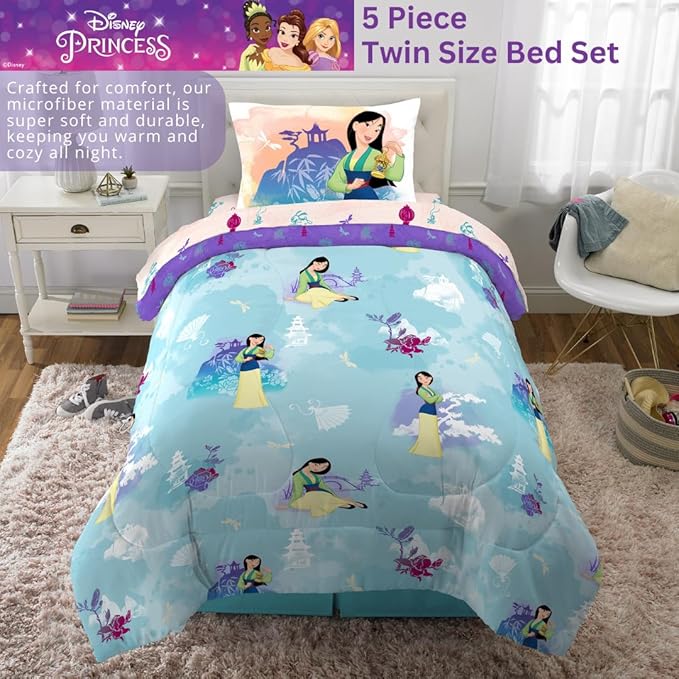 Franco Disney Princess Mulan Kids Bedding Super Soft Microfiber Comforter and Sheet Set, 4 Piece Twin Size, (Official Licensed Product)