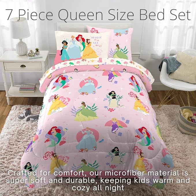 Franco Disney Princess Kids Bedding Super Soft Comforter and Sheet Set with Sham, 7 Piece Queen Size, (Officially Licensed Product)
