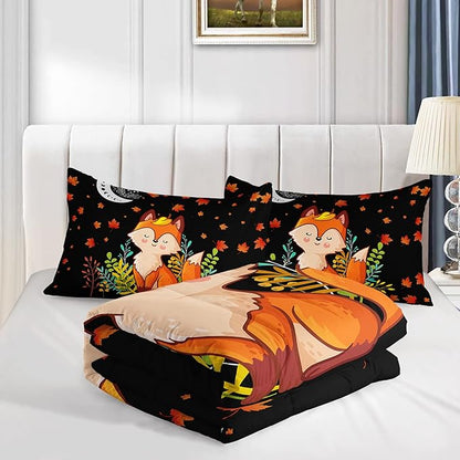 Cartoon Fox Comforter Set 3-Pieces Cute Fox Bedding Set Moon Plants Leaves Printed Quilt Set for Kids Boys Girls with 2 Pillowcases Twin