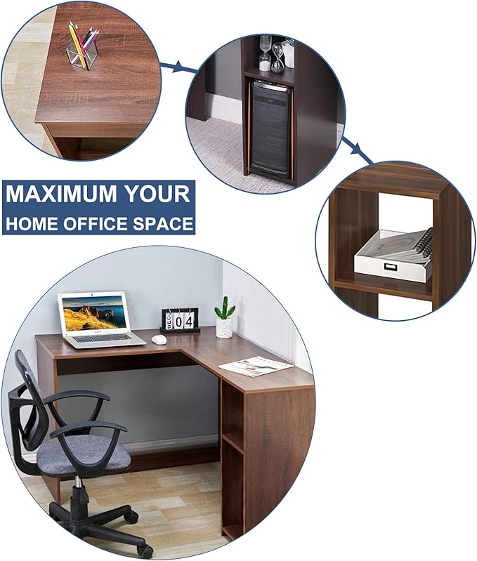 FurnitureR 47.2-Inch L-Shaped Computer Desk Home Office Study Writing Corner Gaming Table Retro Design Work Station Space-Saving for Study Room Bedroom, Walnut