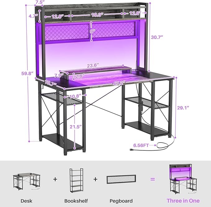 armocity 2024 Upgrade Gaming Desk with Hutch, 48'' Magic Computer Desk with LED and Outlets, Reversible Workstation Desk with Pegboard, Grey/Black