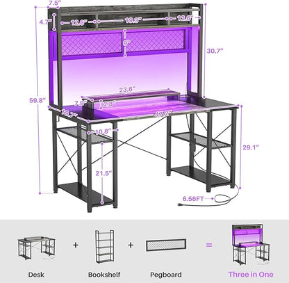 armocity 2024 Upgrade Gaming Desk with Hutch, 48'' Magic Computer Desk with LED and Outlets, Reversible Workstation Desk with Pegboard, Grey/Black