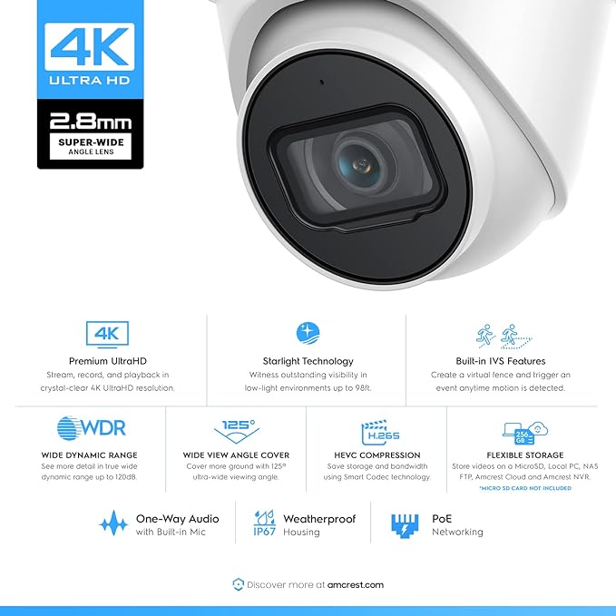 Amcrest 4K POE Security Camera System with 4K 8Ch PoE NVR (4) x 4K (8 Megapixel) Turret IP POE Cameras (3840x2160) Pre Installed 2TB Hard Drive NV4108E-IP8M-T2599EW4-2TB