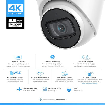 Amcrest 4K POE Security Camera System with 4K 8Ch PoE NVR (4) x 4K (8 Megapixel) Turret IP POE Cameras (3840x2160) Pre Installed 2TB Hard Drive NV4108E-IP8M-T2599EW4-2TB