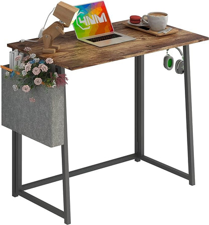 4NM 31.5" Small Desk with Storage Bag, Simple Assembly Folding Computer Desk Home Office Desk Study Writing Table for Small Space Offices - Rustic Brown and Black