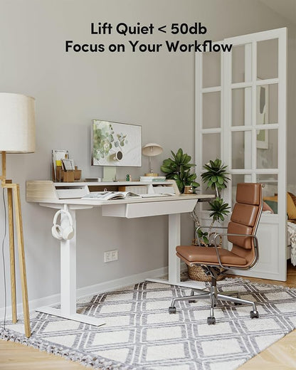 BANTI Height Adjustable Electric Standing Desk with Three Drawers, 48 x 25 Inch Table with Storage Shelf, Sit Stand Desk with Storage Space, Splice Board with White Frame/Light Walnut Top, 48 inch