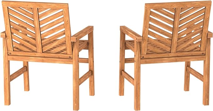 Walker Edison 2 Piece Outdoor Patio Chevron Wood Chair Set All Weather Backyard Conversation Garden Poolside Balcony, Set of 2, Brown