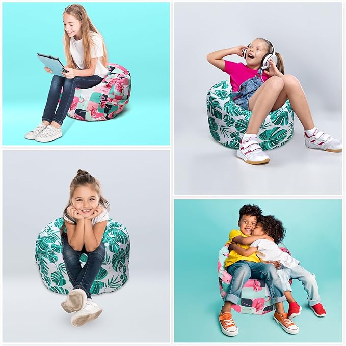 2 Pcs Bean Bag Chair for Kids 24" Empty Bean Bag with Carrying Handle Removable Washable Canvas Storage Bean Bag for Organizing Toy Room Decor(Tropical)