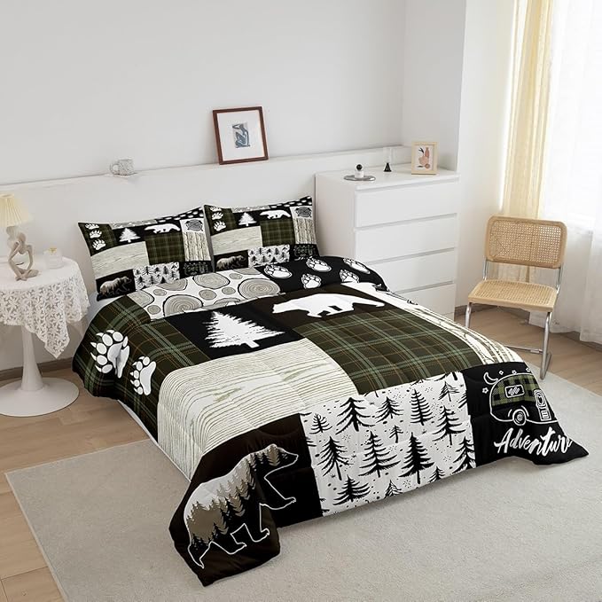 Bear Comforter Set Queen Size,Pine Trees Animals Hunting Bedding Set for Kids Boys Girls Adults Room Decor,Camping Adventure Rustic Farmhouse Down Comforter,Green Plaids Duvet Insert,2 Pillowcases