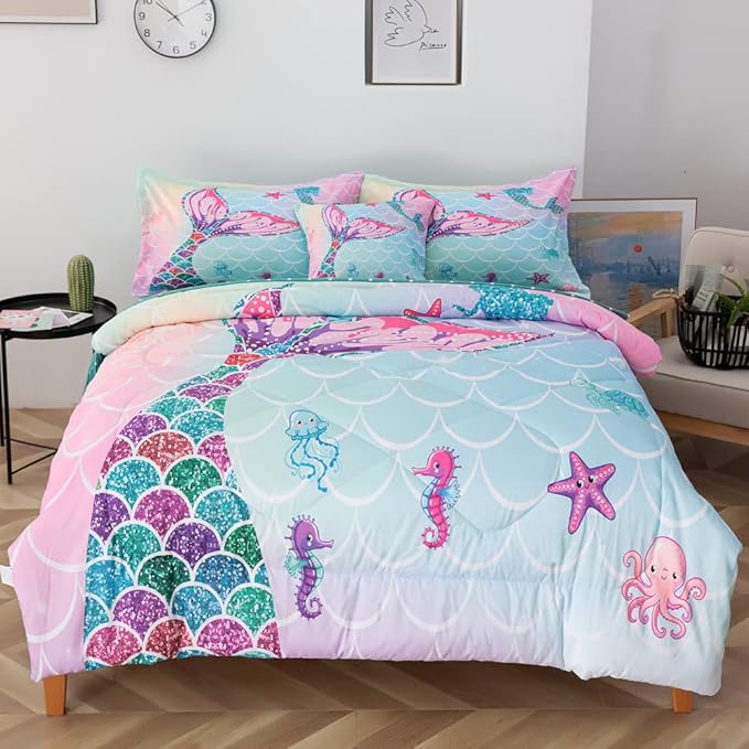 ADASMILE A & S 6 Pieces Mermaid Comforter Twin for Girls Kids Mermaid Bedding Fish Scale with Starfish Turtle Printed Bed in a Bag Comforter and Sheet Set Rainbow Mermaid Scale Bedding Home Decor