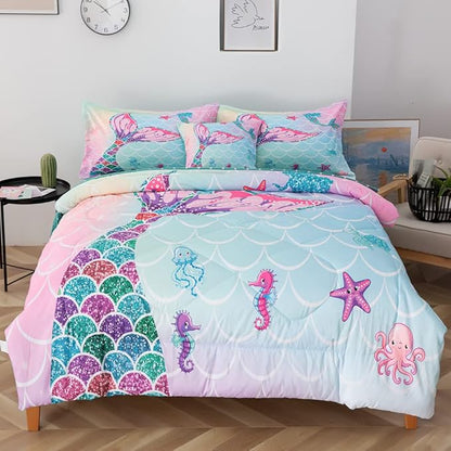 ADASMILE A & S 6 Pieces Mermaid Comforter Twin for Girls Kids Mermaid Bedding Fish Scale with Starfish Turtle Printed Bed in a Bag Comforter and Sheet Set Rainbow Mermaid Scale Bedding Home Decor