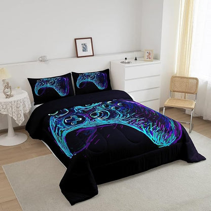Gamer Comforter Set for Boys Teens Blue and Black Gaming Bedding Set Video Game Bedding Home Decor for Kids Comforter King Size 3 Pieces Gamepad Quilted Duvet Set 1 Comforter with 2 Pillowcases
