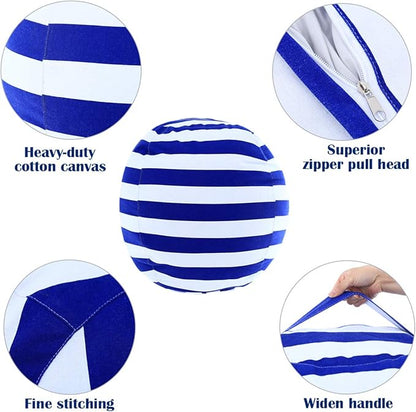 2 Packs Stuffed Animal Storage Beanbag Cover 24" Bean Bag Storage for Kids Girs Boys Room Toys Organizer Heavy-duty Zipper Bean Bag Chair Covers Only Grey Blue White Stripes Cotton Canvas