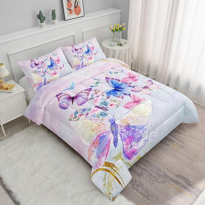Datura home Watercolor Butterfly Comforter Bedding Set for Girls Kids Teens,Lightweight Colorful Floral Butterfly Printed Tie-dye with 2 Pillowcases(Watercolor Butterfly Twin),Butterfly Purple