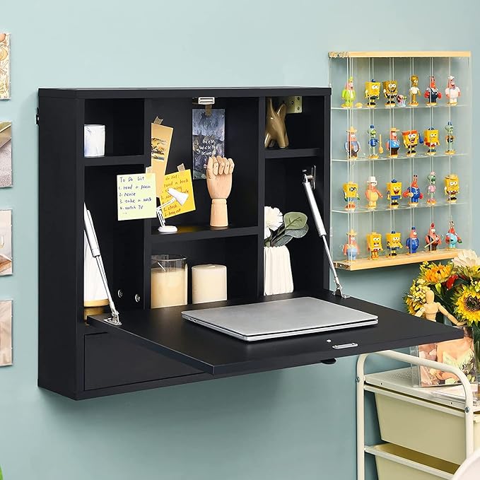 2 in 1 Foldable Tabletop, Folding Wall Mount Laptop Storage Compartments Space Saving Floating Desk, Black