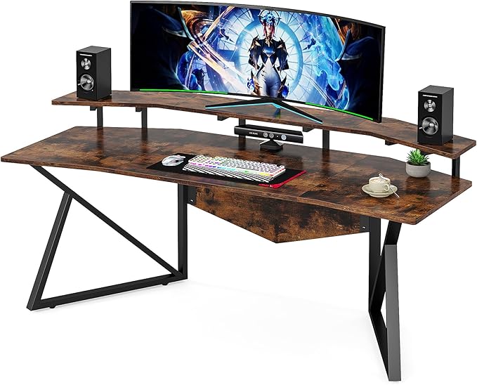 70.9" Large Computer Desk Home Office Desk Wing-Shaped Gaming Studio Desk, Rustic Brown