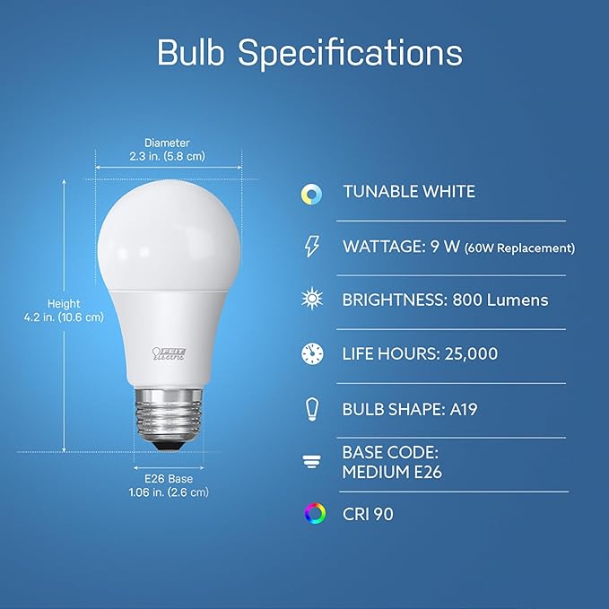 Feit Electric A19 Smart LED Light Bulb, 60W Equivalent, Tunable White, Alexa & Google Home Compatible, 2.4 GHz Wi-Fi, 90+ CRI, Non-Dimmable, 800 Lumens, 25,000-Hour Lifetime, OM60/CCT/CA/AG