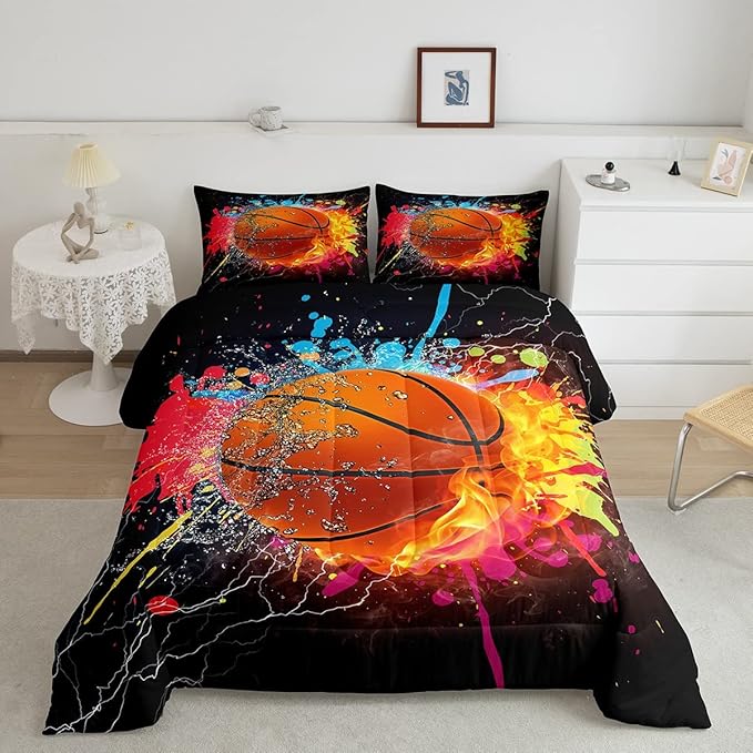 Teen Boys Basketball Bedding Set Twin Kids Sports Comforter Sets Soft Lightweight Bedroom Dorm Decor,Red Blue Fire And Water Lightning Ball Duvet Insert,Colorful Grunge Tie Dye Quilt Bedding 2 Pcs