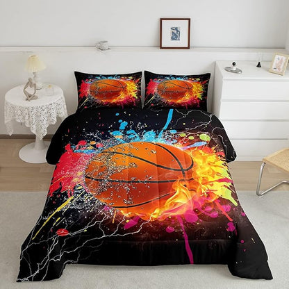Teen Boys Basketball Bedding Set Twin Kids Sports Comforter Sets Soft Lightweight Bedroom Dorm Decor,Red Blue Fire And Water Lightning Ball Duvet Insert,Colorful Grunge Tie Dye Quilt Bedding 2 Pcs