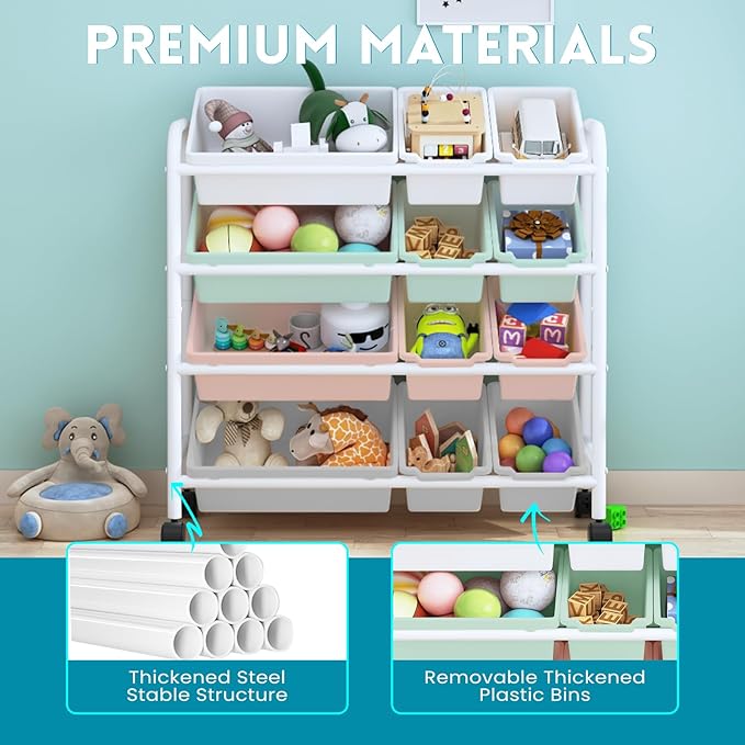 Kids Toy Storage Organizer with 12 Plastic Bins, 4-Tier Metal Toy Storage Rack, Metal Toy Organizer with Storage Bins for Kids Room, Playroom and Nursery, Multi-Color