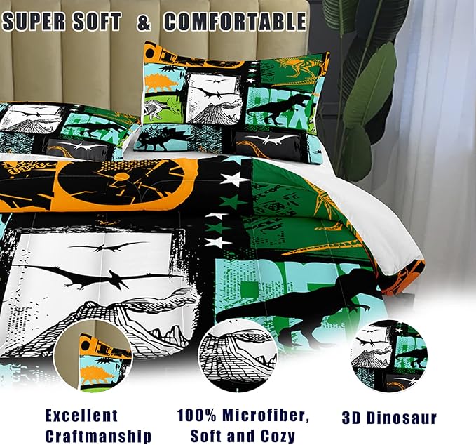 Bodhi King Size Teen Comforter Set,Boys Comforter Bedding Set with Pillowcases,Teen Kids King Size Dinosaur Comforter Set,Cartoon Dinosaur Bedding Set,Boy Bed Set
