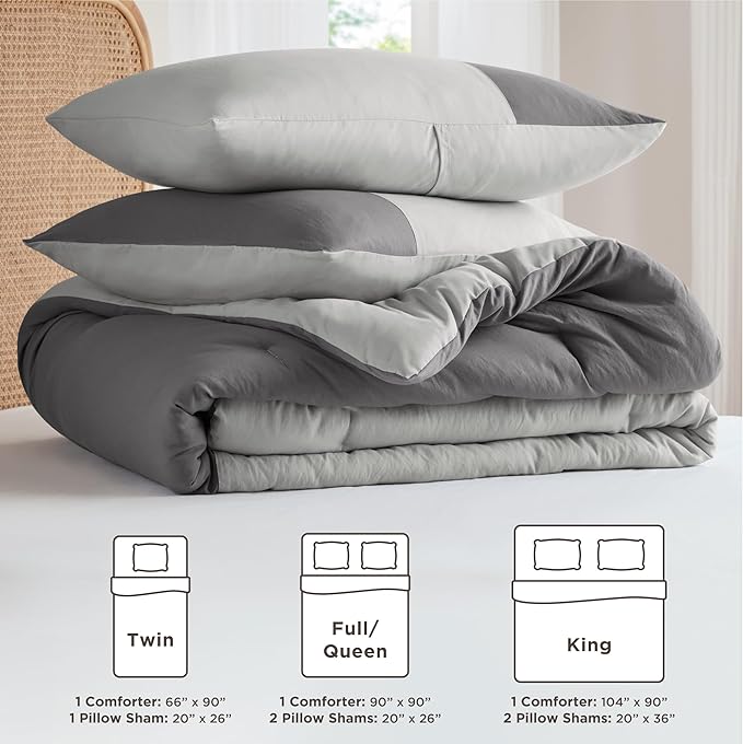Grey Comforter King Size - Modern Farmhouse Soft Comforter Sets for Men, Masculine Colorblock Pattern Bed Sets for All Season, 3 Pieces includes 1 Comforter, 2 Shams (104"x 90")