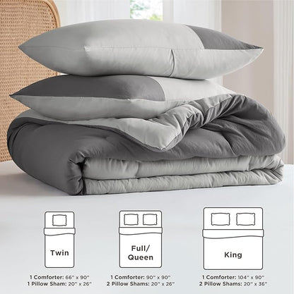 Grey Comforter King Size - Modern Farmhouse Soft Comforter Sets for Men, Masculine Colorblock Pattern Bed Sets for All Season, 3 Pieces includes 1 Comforter, 2 Shams (104"x 90")