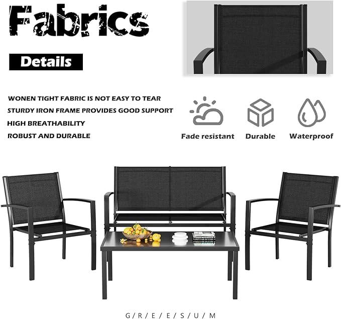 Greesum 4 Pieces Patio Furniture Set, Outdoor Conversation Sets for Patio, Lawn, Garden, Poolside with A Glass Coffee Table, Black