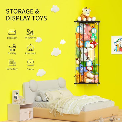 Stuffed Animal Storage Toy Organizer: Corner Stuff Animals Holder for Wall with Adjustable Length - Kids Plush Toys Storage for Nursery Playroom Bedroom Kids Room(Black)