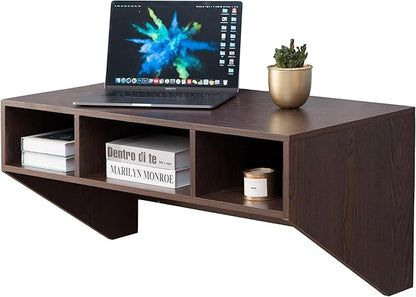 Wall Mounted Office Computer Desk with Three Compartments, Brown