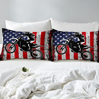 Dirt Bike Comforter Set Twin Motocross Comforter Retro American Flag Bedding Set for Kids Boys Teens Men Grunge Room Decor,Extreme Sports Tie Dye Bed Set Motor Biker Motorcycle Quilt Duvet Set 2 Pcs