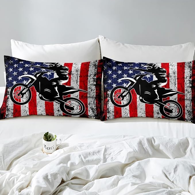 Dirt Bike Comforter Set King Motocross Comforter Retro American Flag Bedding Set for Kids Boys Teens Men Grunge Room Decor,Extreme Sports Tie Dye Bed Set Motor Biker Motorcycle Quilt Duvet Set 3 Pcs