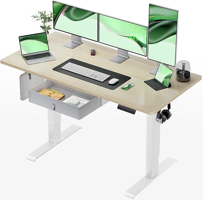 Marsail Standing Desk with Drawer, 55x24 Inch Adjustable Height Standing Desk, Electric Stand up Desk, Sit Stand Home Office Desk, Ergonomic Workstation for Home Office Computer Gaming Desk Maple