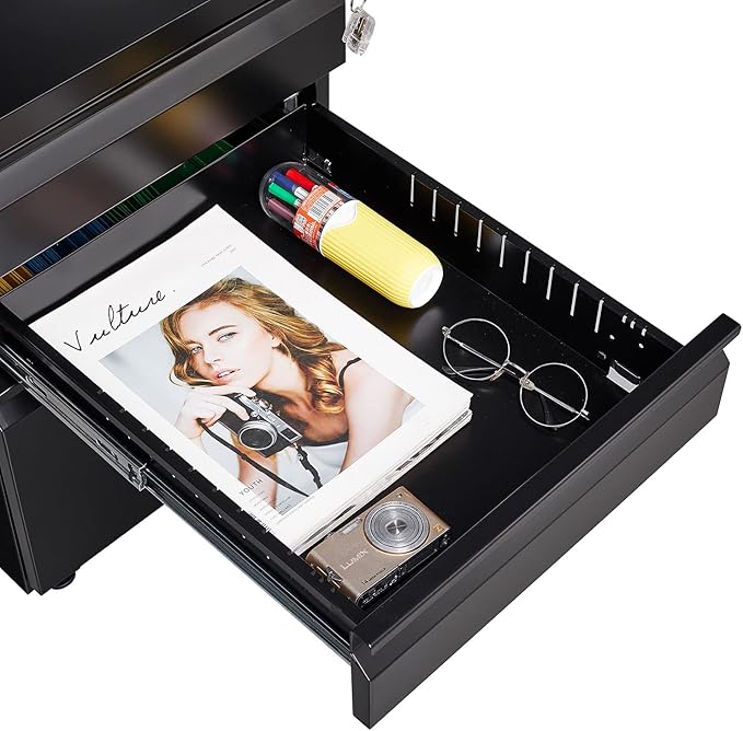 3-Drawer Mobile Lock and 5 Casters,Pre-Assembled Metal Office Storage Filing Cabinets w/ 1 Removable Hanging Rods,for Legal/Letter Size,Black
