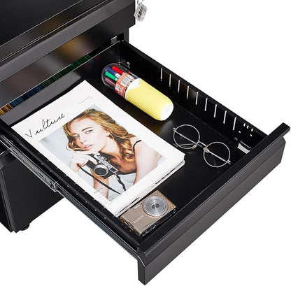 3-Drawer Mobile Lock and 5 Casters,Pre-Assembled Metal Office Storage Filing Cabinets w/ 1 Removable Hanging Rods,for Legal/Letter Size,Black