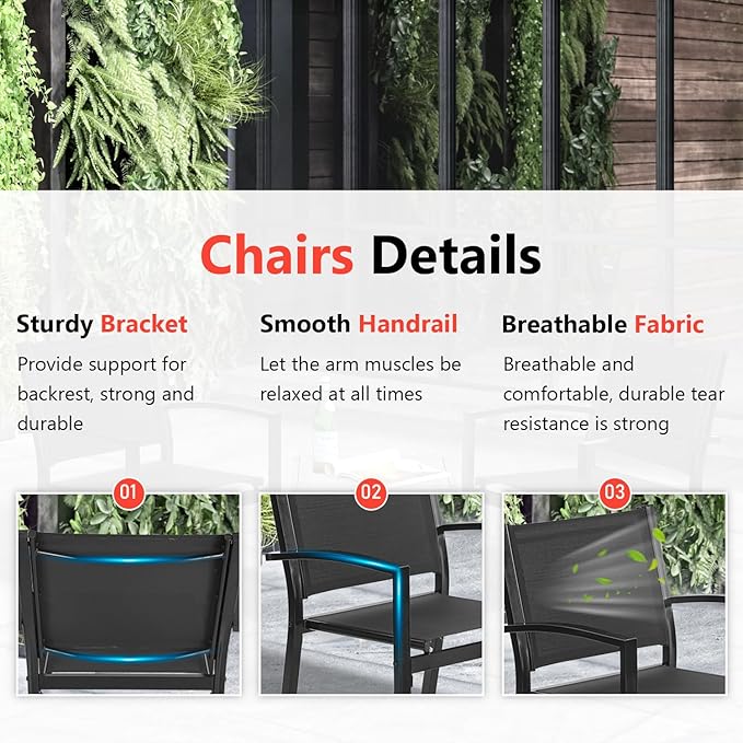 FDW 3 Pieces Patio Furniture Set, Outdoor Garden Patio Conversation Sets with Glass Top Table & 2 Lawn Chairs Outdoor Bistro Set, for Backyard Lawn Porch Garden Poolside Balcony