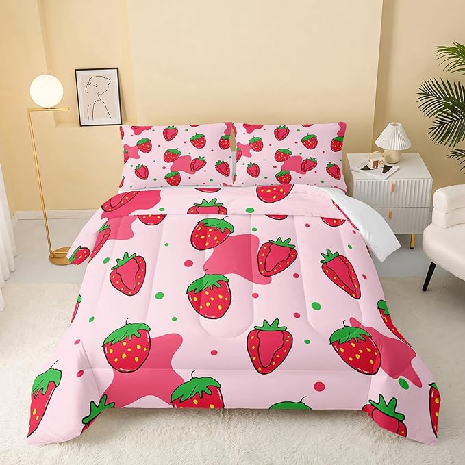 Kawaii Comforter Twin,Pink Strawberry Comforter Set for Kids Teens Girls,3Pcs Bedding Set Printed Comforter with 2 Pillowcases,Down Alternative,Soft and Lightweight，Twin Size