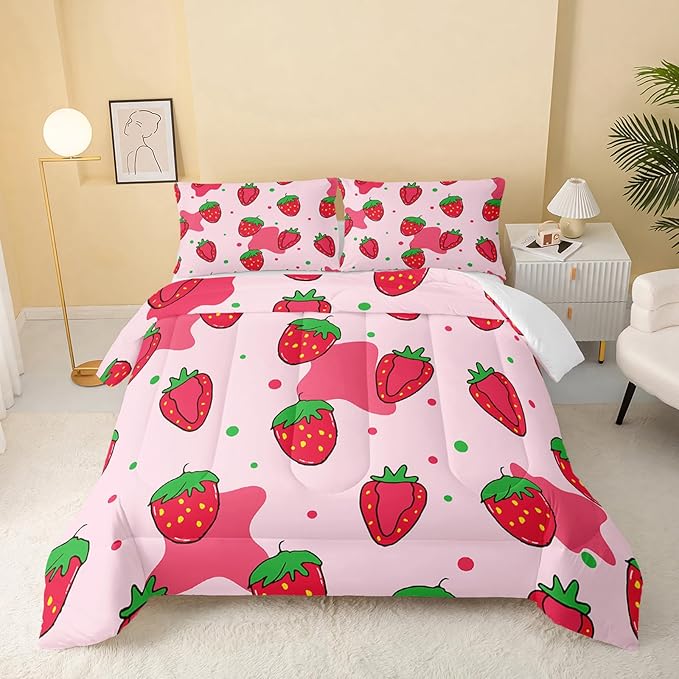 Kawaii Comforter Full,Pink Strawberry Comforter Set for Kids Teens Girls,3Pcs Bedding Set Printed Comforter with 2 Pillowcases,Down Alternative,Soft and Lightweight，Full Size