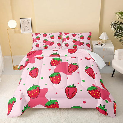 Kawaii Comforter Full,Pink Strawberry Comforter Set for Kids Teens Girls,3Pcs Bedding Set Printed Comforter with 2 Pillowcases,Down Alternative,Soft and Lightweight，Full Size