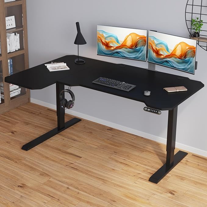 Adjustable Height L-Shaped Electric 59 Inch Sit-Stand Computer Desk with 3 Splice Boards, Lockable Casters-Ideal for Home Office, 59Inch, Black