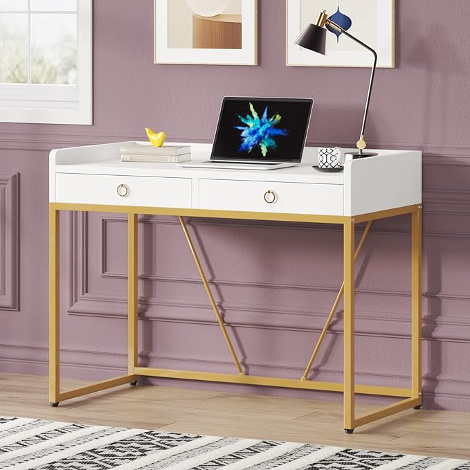 Tribesigns White Gold Computer Desk with 2 Drawers, Modern Desk 41.3 inch Simple Study Writing Desks with Storage, White Gold Makeup Vanity Desk for Home Office Bedroom Console Table