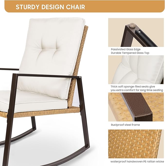 YIYAN 3 Pieces Patio Bistro Set Outdoor Rattan Wicker Rocking Chairs Set,Patio Outdoor Furniture Conversation Sets with Sofa Chairs,Glass Coffee Table and Washable cushion (Light Beige)