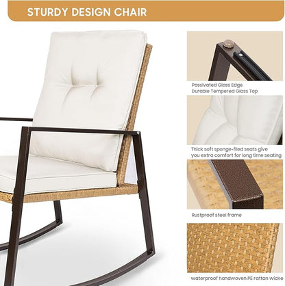 YIYAN 3 Pieces Patio Bistro Set Outdoor Rattan Wicker Rocking Chairs Set,Patio Outdoor Furniture Conversation Sets with Sofa Chairs,Glass Coffee Table and Washable cushion (Light Beige)