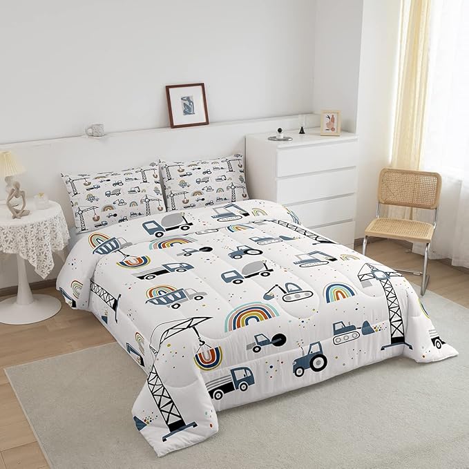 Cute Cars Bedding Set Kids Cartoon Excavator Comforter for Boys Girls Machinery Bulldozer Crane Comforter Set Colorful Rainbow Construction Site Duvet Set Room Decor Quilt Full Size Boys