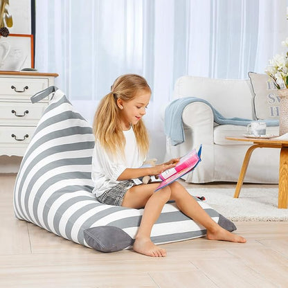 Aubliss Stuffed Animal Storage Bean Bag Chairs Cover, 50"x 35" Extra Large Bean Bags Chair for Kids Adults, Beanbag Toy Storage for Boys Girls - Premium Cotton Canvas Grey Stripe