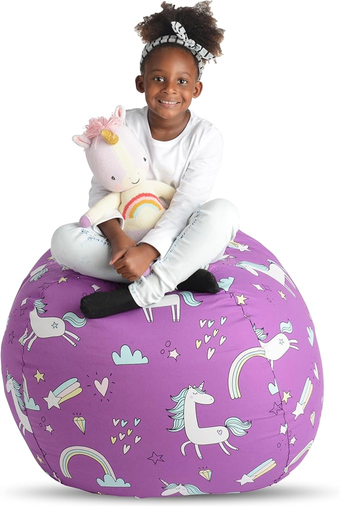 Creative QT Stuff ’n Sit Large 33’’ Bean Bag Storage Cover for Stuffed Animals & Toys – Purple Unicorn Print – Toddler & Kids’ Rooms Organizer – Beanbag Makes Great Plush Toy Hammock Alternative