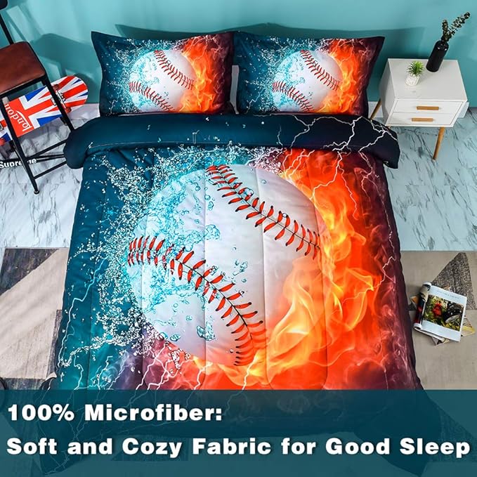 Andency Baseball Comforter Full (79x90 Inch), 3 Pieces(1 Baseball Comforter, 2 Pillowcases) 3D Microfiber Sport Baseball Comforter Set for Boy Kids Teens